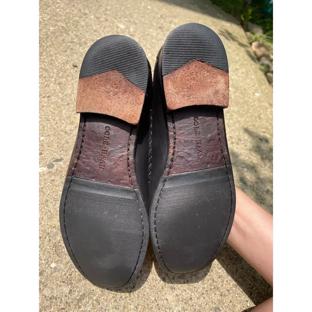 Cole Haan Women's Loafers Sz 8B Brown Woven Black Leather Tassel Round Apron Toe